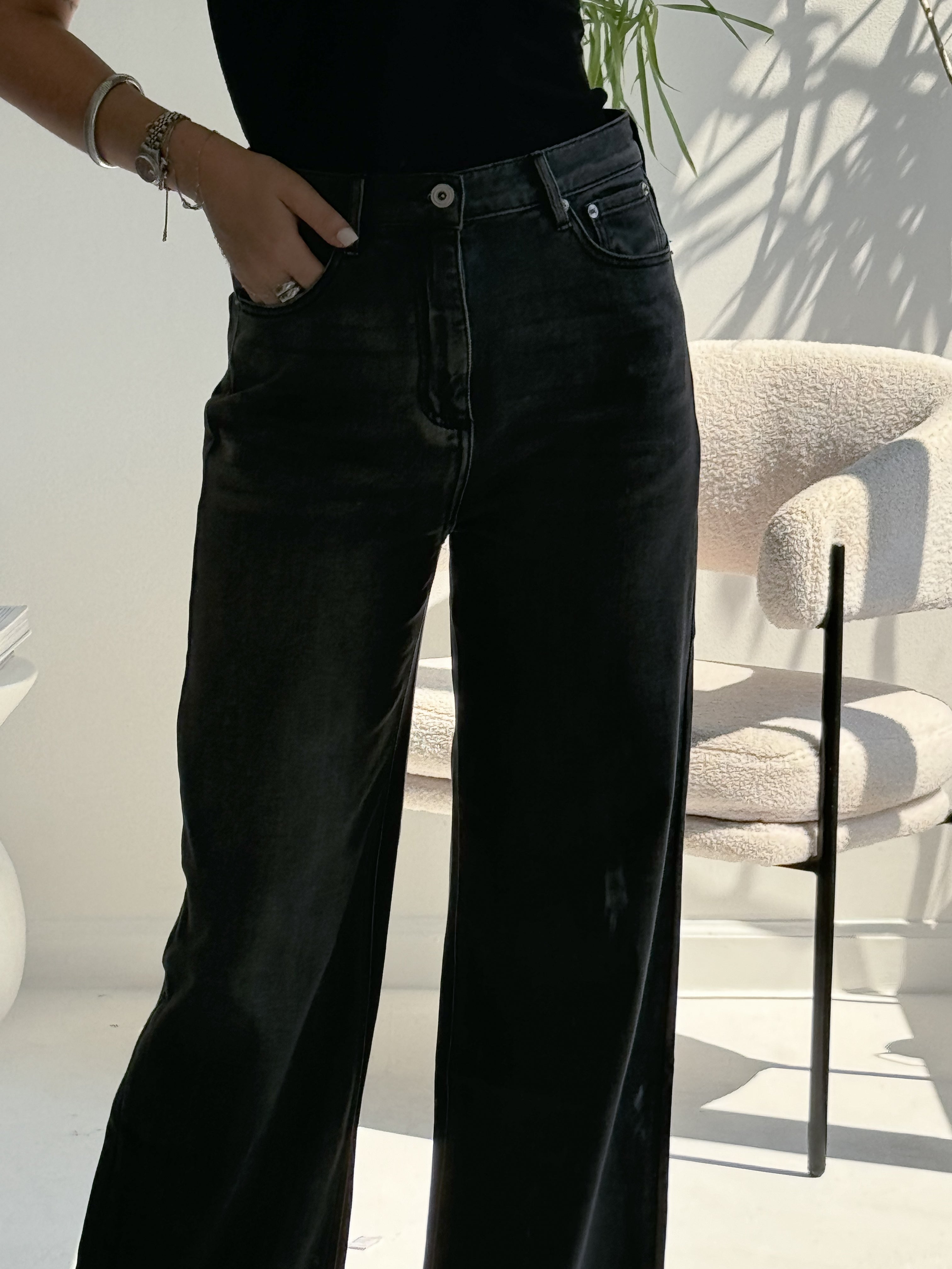 high-waisted black wide-leg jeans.