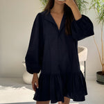 Navy blue shirt dress.Belted dress with puff sleeves.Casual chic dress.Versatile navy dress.Stylish shirt dress