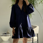 Navy blue shirt dress.Belted dress with puff sleeves.Casual chic dress.Versatile navy dress.Stylish shirt dress