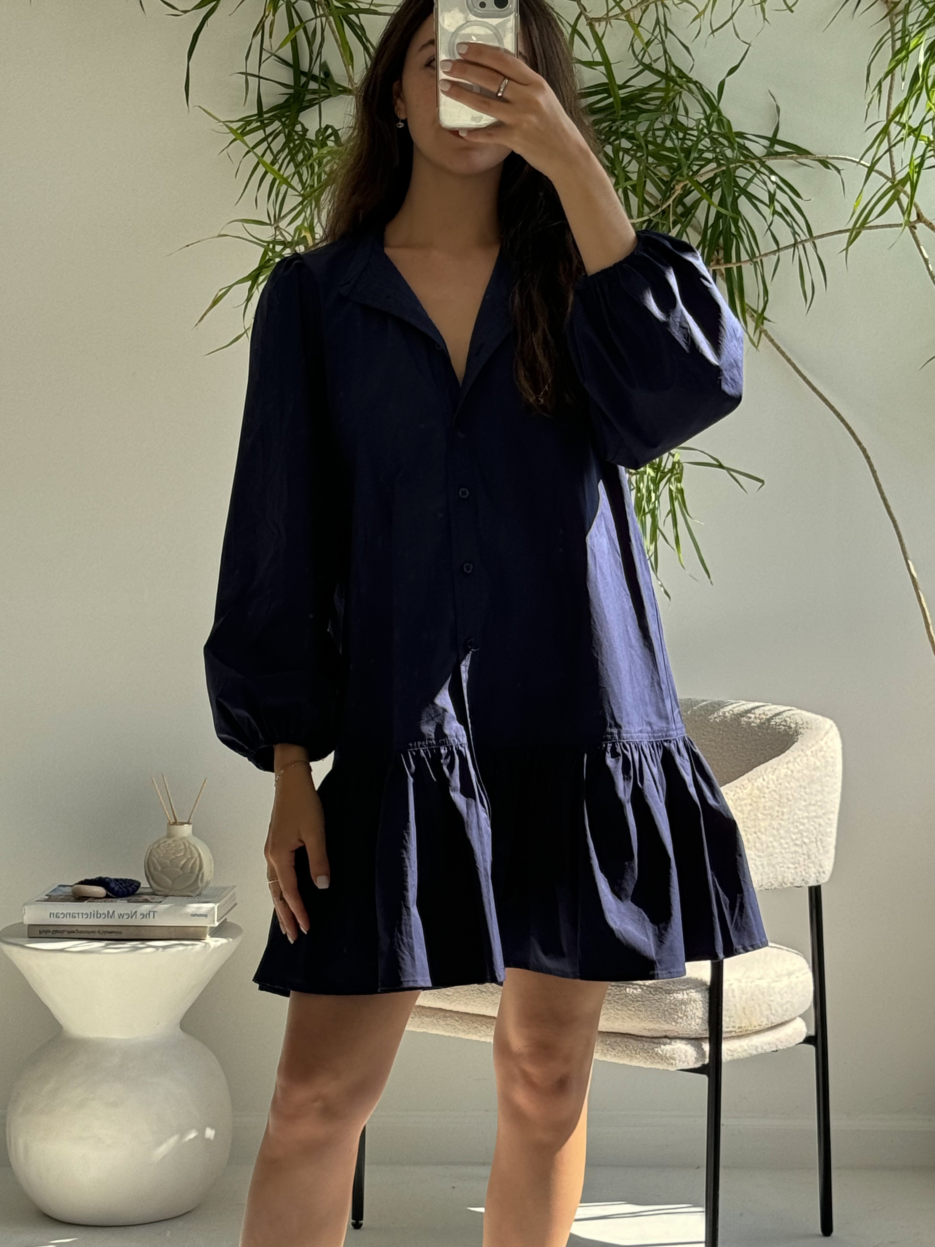 Navy blue shirt dress.Belted dress with puff sleeves.Casual chic dress.Versatile navy dress.Stylish shirt dress