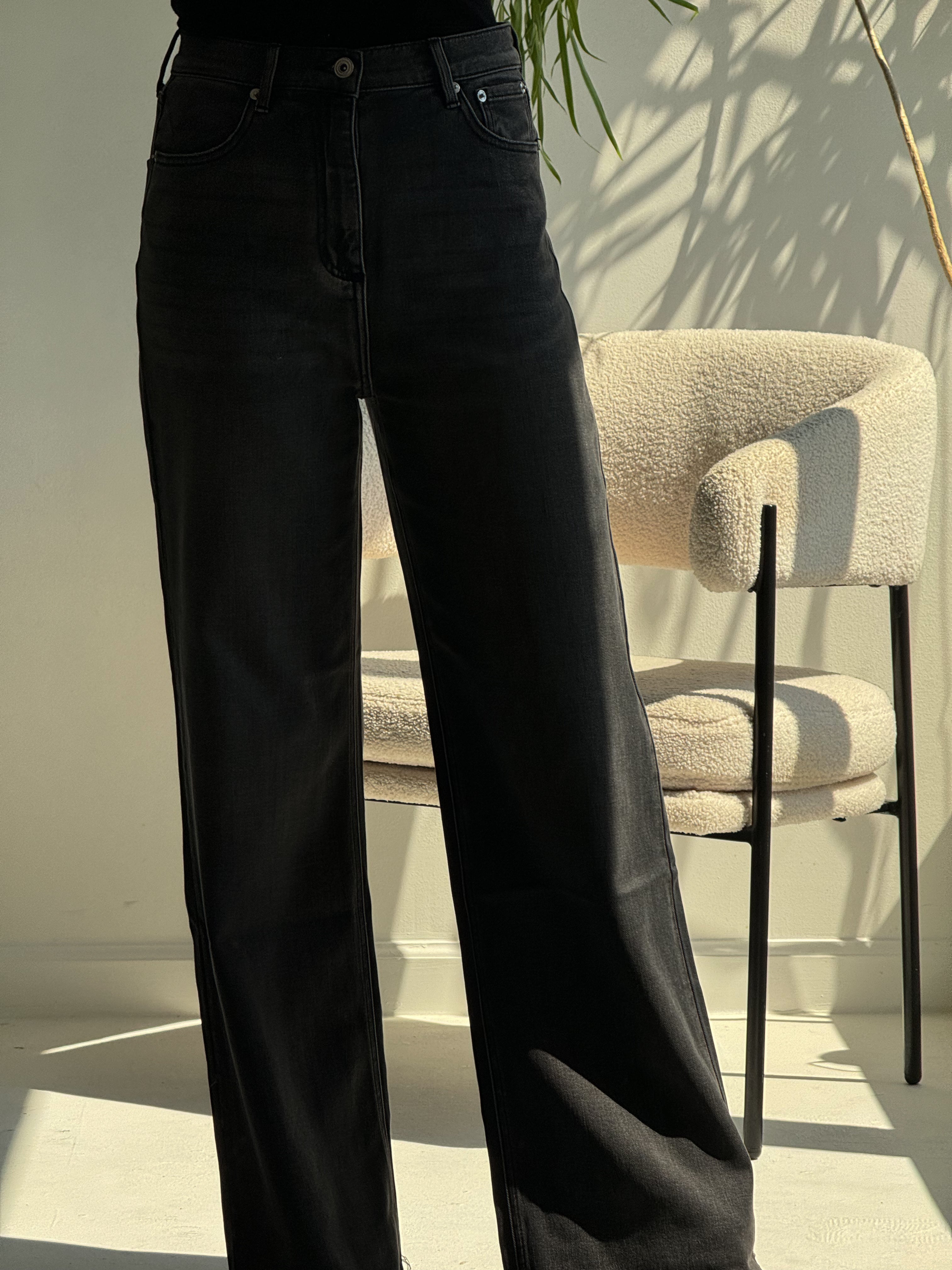 high-waisted black wide-leg jeans.